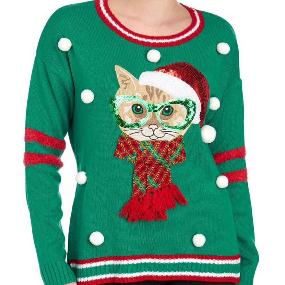 Christmas cat sweater green red trim